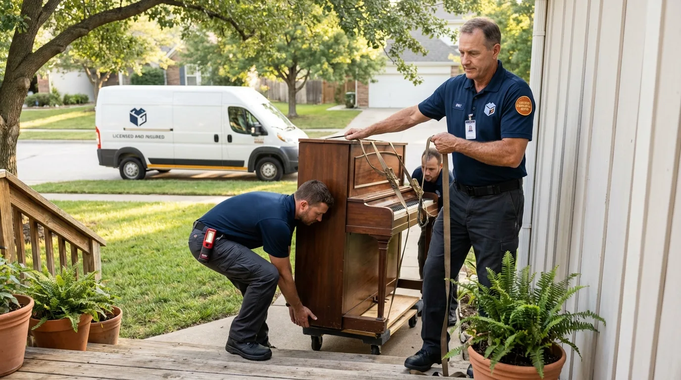 Licensed piano movers securing grand piano in Walkertown, NC