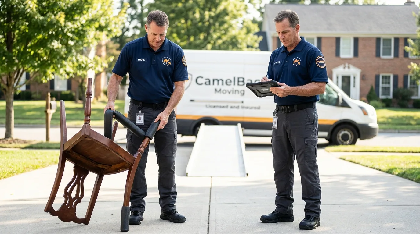 Movers inspecting furniture for damage prevention before loading in Walkertown, NC
