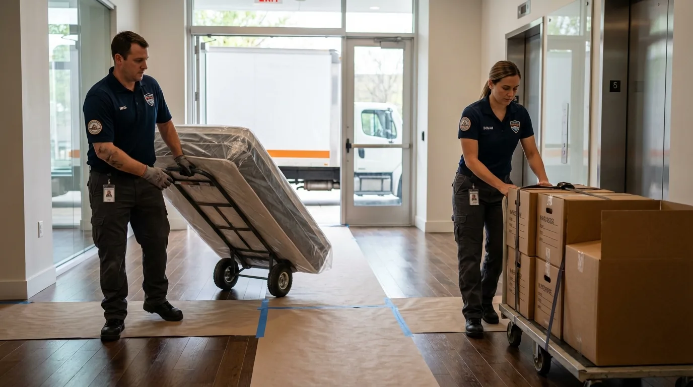 Professional apartment movers loading elevator in Walkertown, NC
